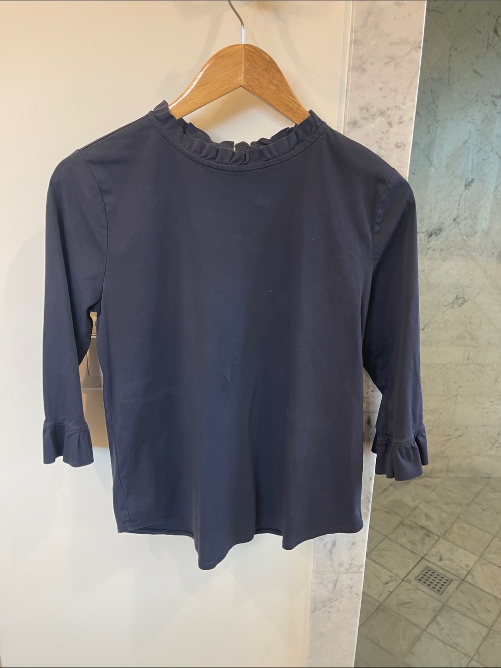 Ann Taylor Navy Ruffle-Trim 3/4 Sleeve Top